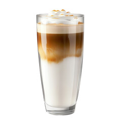 layered latte macchiato in tall clear glass isolated on white or transparent background