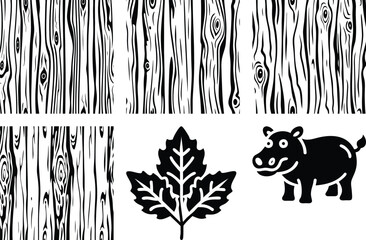 Black and White Wood Grain Texture Patterns, Maple Leaf Silhouette, and Cartoon Hippo Illustration Set