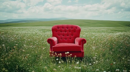 A bright red armchair is positioned in the middle of a lush green field filled with wildflowers. Fluffy white clouds drift across a clear blue sky, creating a serene atmosphere