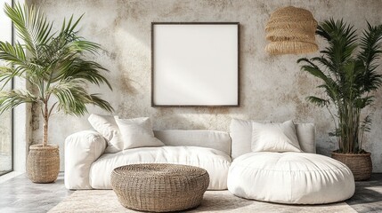 Modern living room interior with beige couch, round pouf, woven coffee table, potted plants, and a blank square frame on a textured wall. Natural light illuminates the scene.