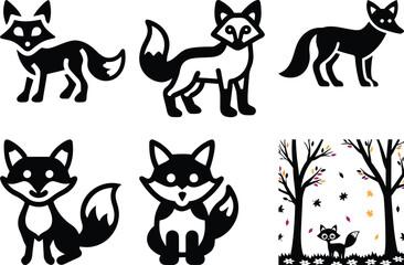 Black and White Fox Illustrations Set: Cute Cartoon Foxes in Various Poses, Vector Art, Woodland Animals, Simple Design