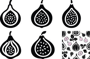 Black and White Fig Vector Illustrations: Stylized Fruit Designs, Seamless Pattern, Minimalist Food Art, Graphic Elements