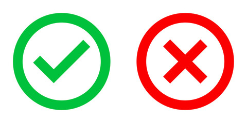 Green check mark and red cross symbol representing correct and incorrect choices, approval and rejection, success and failure. Isolated on white background. Icons, vector.