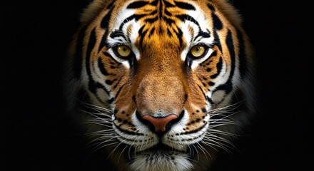 Naklejka premium A powerful and intense close-up of a Bengal tiger's face, its piercing amber eyes staring directly ahead. 