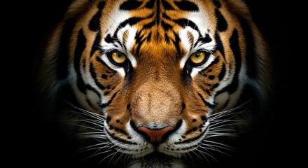 Fototapeta premium A powerful and intense close-up of a Bengal tiger's face, its piercing amber eyes staring directly ahead. 