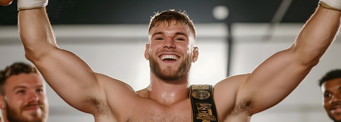 Champion's Triumph: Capturing the triumphant moment of a champion boxer celebrating a hard-earned victory, his arms raised in the air, radiating pure joy and success.