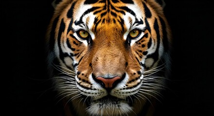 Fototapeta premium A powerful and intense close-up of a Bengal tiger's face, its piercing amber eyes staring directly ahead. 