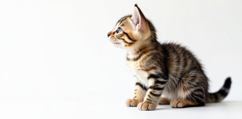 Curious tabby kitten exploring its surroundings on white background, kitten, explore, white background