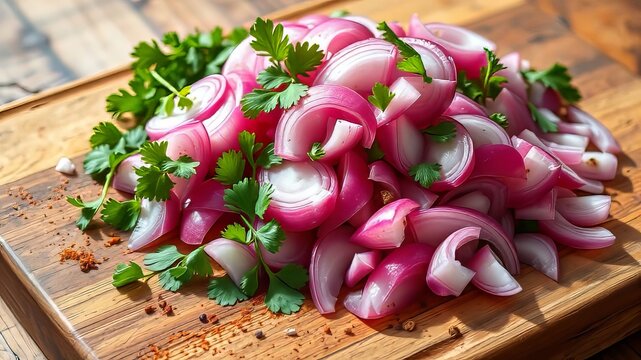 "Rustic Wooden Cutting Board with Chopped Red Onions