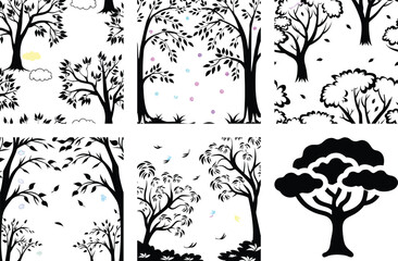 Black and White Tree Silhouettes Seamless Patterns: Nature, Forest, Branches, Leaves, Decorative, Vector, Design Elements