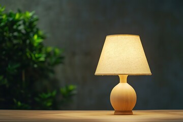 Illuminated Table Lamp on Wooden Surface with Natural Greenery Background