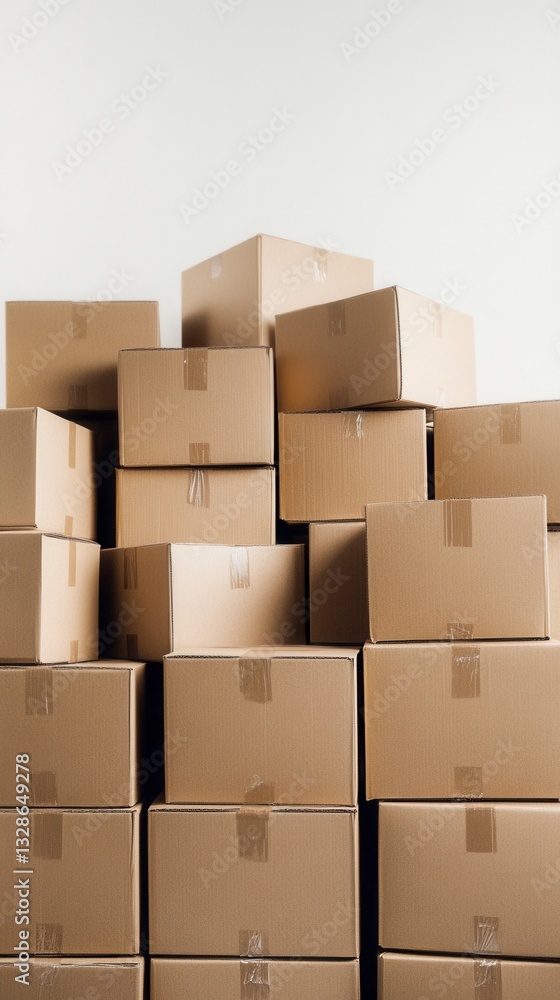 Poster a large stack of brown cardboard boxes against a white background. the boxes are neatly arranged, cr
