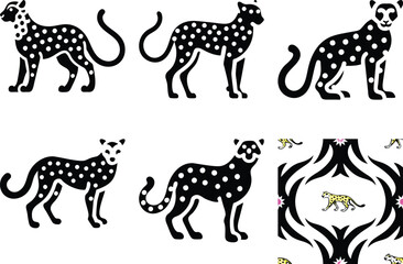Black and White Leopard Silhouette Vector Art Collection: Spotted Cats in Various Poses, Decorative Pattern Design Elements