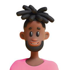3d render bright portrait of cute handsome kawaii excited smiling african guy with dreadlocks hair wears casual fashion clothes pink t-shirt. Avatar for social networks, accounts on white background.