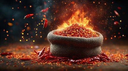 A burlap sack overflowing with vibrant chili flakes emits flames and sparks, showcasing the excitement and intensity of flavor in culinary creations