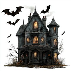 Spooky Haunted House with Bats and Eerie Atmosphere, Perfect for Halloween-Themed Designs and Illustrations