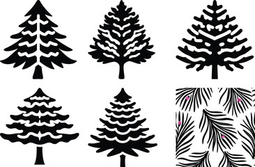 Black Silhouette Christmas Trees Set, Vector Pine Tree Illustrations, Holiday Decor Designs, Winter Season Graphics