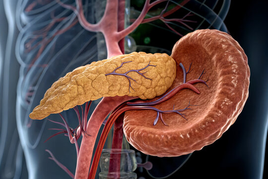 A detailed anatomical illustration of a human pancreas and kidney, showcasing their structure and vascular connections within the body.
