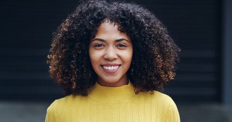 Relax, student and portrait of girl in city for travel, adventure and explore town on weekend. Happy, smile and face of person on holiday and break for university, school and college outdoors