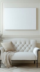 Off white textured artwork hangs above a light beige tufted settee with a neutral throw. Soft lighting creates a calm atmosphere.