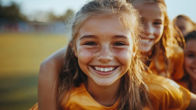 Happy caucasian young female soccer players in yellow jerseys smiling outdoors - Powered by Adobe