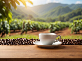 cup of coffee on a wooden table, focus on coffee cup with blurred coffee farm background