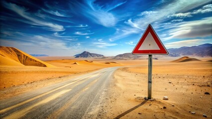 A lone warning sign stands sentinel on a desolate desert road, curving gently into the sun-drenched distance under a vibrant, cloud-streaked sky