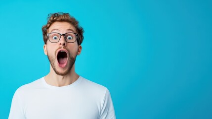 Obraz premium A young man with curly hair and glasses stands in front of a vibrant blue backdrop, his mouth wide open in a surprised expression. His eyes convey shock or excitement