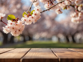 spring cherry blossom in spring, empty wooden table set against a blurred background. perfect for displaying products