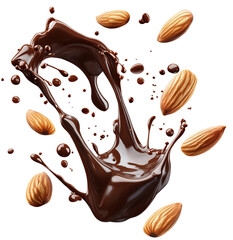 Rich melted chocolate splash with floating almonds creates delightful scene. combination evokes indulgence and sense of luxury. Isolated On Transparent Background