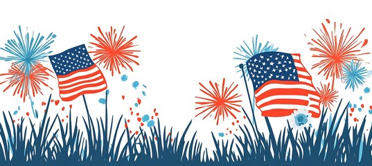Patriotic display with american flags and red and blue fireworks