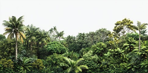 Lush tropical rainforest canopy with palm trees against a white sky.