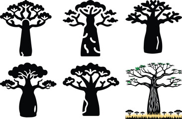 Baobab Tree Silhouettes: Vector Illustrations of Iconic African Trees in Black and White, Nature Art, Botanical Design