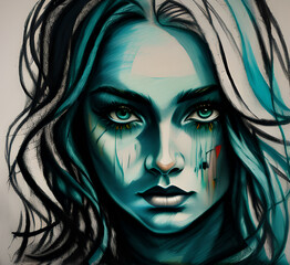 Serene underwater female portrait painted in aquamarine tones.With Dark Hair dreamy digital painting,Imitation of a drawing.generative ai