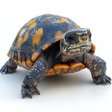 A detailed close-up of an Eastern Box Turtle, showcasing its intricate shell pattern and expressive face against a white background. Detailed Animal isolated on white background. Box Turtle Close-Up