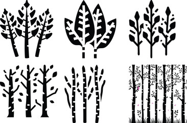 Black and White Tree Silhouettes Set: Minimalist Forest Illustrations in Various Styles, Nature Design Elements