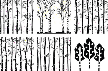 Black and White Birch Tree Forest Silhouettes: Vector Illustration Set, Minimalist Nature Art, Decorative Backgrounds