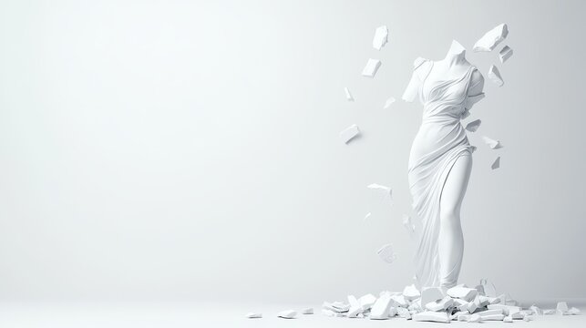 An artistic representation shows a headless statue draped in flowing fabric, surrounded by fragments that suggest disintegration. The minimalist background emphasizes the sculpture's form