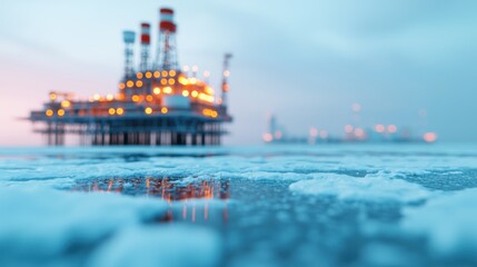 Obraz premium An illuminated offshore oil rig stands majestically at twilight, reflecting on icy waters, symbolizing industrial energy and innovation.