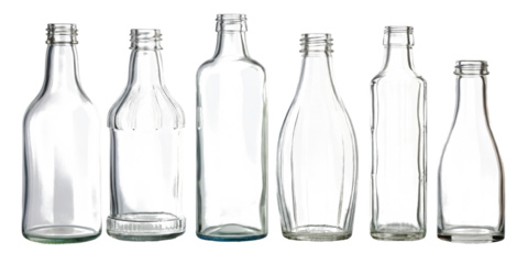 Set of Five Empty Glass Bottle Containers Isolated on Transparent Background