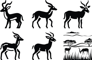 Black Silhouette Antelope Icons Set, African Wildlife Vector Illustrations, Minimalist Design, Gazelle, Impala, Safari