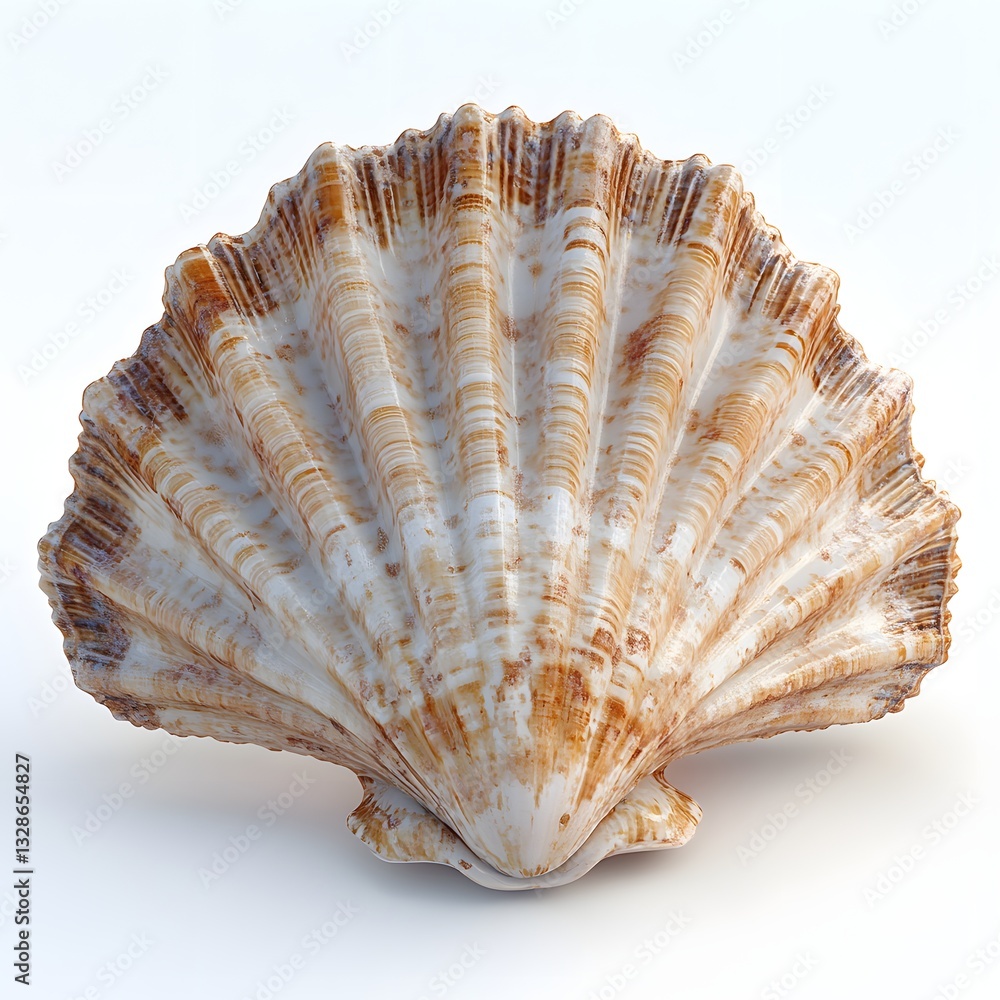 Poster a detailed image showcasing a single, beautiful scallop shell set against a pure white backdrop. det