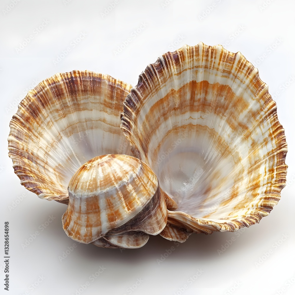 Poster two exquisite seashells, a captivating coastal scene. their intricate patterns and warm tones create