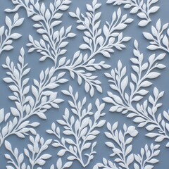 Obraz premium Textured fabric featuring intricate white leaf patterns on a soft blue background.