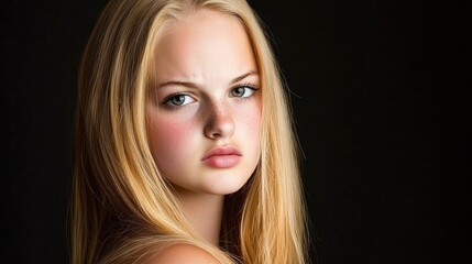 Fototapeta premium Worried young woman closeup portrait studio setting emotional expression dramatic lighting intimate viewpoint