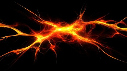 Abstract fiery energy, vibrant orange and yellow fractal flames, dark background, digital art