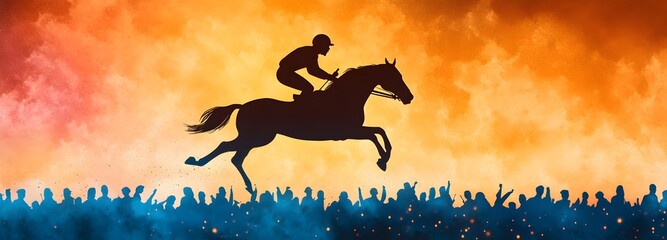 Silhouette of Horse and Jockey: A silhouette of a horse and jockey leaping over an obstacle, framed by an vibrant sunset with silhouetted audience, capturing the dynamic energy of horse racing