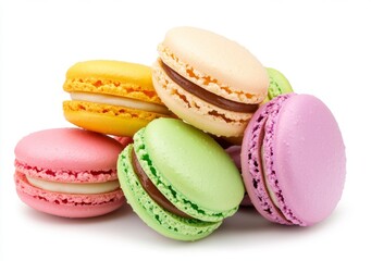 Obraz premium A colorful assortment of pastel macarons, meticulously arranged on a white background. The macarons showcase a variety of fillings and delicate textures.