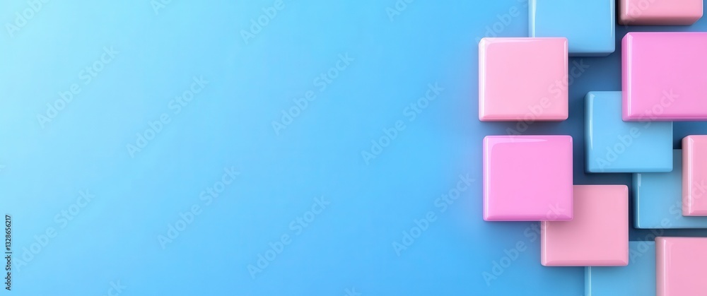 Poster pastel pink and light blue cubes arranged on a light blue background. the cubes are stacked, creatin