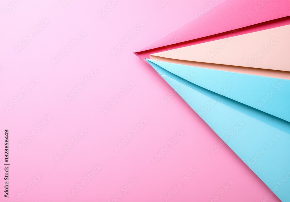 Poster abstract pastel color paper shapes arranged in a triangular formation on a pink background. clean, m